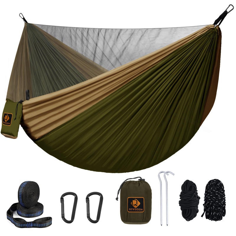 Qevooon Camping Hammock  Portable Hammocks with Mosquito Net Lightweight Nylon Parachute Hammock with 10ft Tree Straps Camping Gear Must Haves for Travel Hiking Backpacking Beach Patio-Green&Khaki - Image 1